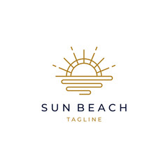 elegant hipster gold sun sunset sunrise with beach ocean sea water logo icon vector in trendy line linear style