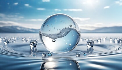 Water splash in sphere glass at the sea background.