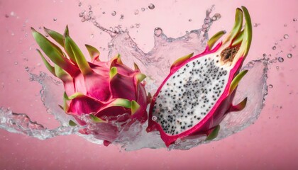 Dragon fruit with splashes at pink background.