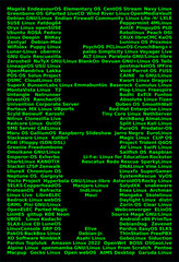 A Linux word formed of Linux computer operating system distribution names, vertical, light green color on black background. Computer technology concept. - obrazy, fototapety, plakaty