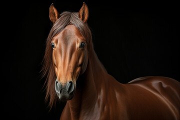 Chestnut Morgan Horse close-up portrait on a black background.