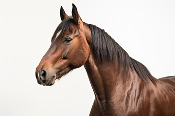 Bay Morgan Horse close-up portrait on a white background.