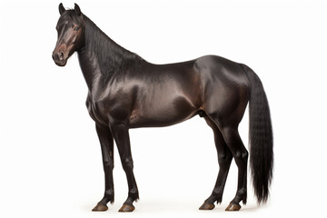 Dark bay Morgan Horse standing on a white background. Animal side portrait.