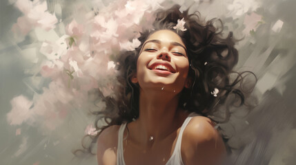 A beautiful digital painting illustrates a blissful woman with flowers in her hair.