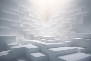 A room filled with white cubes, resembling a highrise of staircases, is depicted in an abstract 3D rendering.
