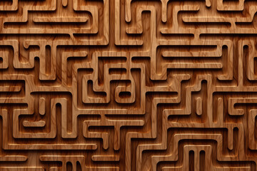 A wooden maze, intricately carved, forms the subject of this artwork.