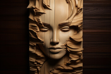 A beautiful wooden sculpture showcases a woman's face, carved with exquisite detail. - obrazy, fototapety, plakaty