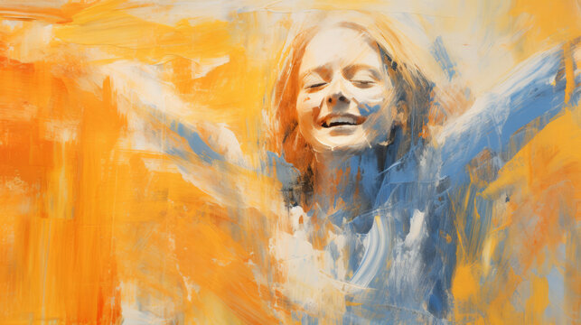 An expressive oil painting presents a woman joyfully outstretching her arms.