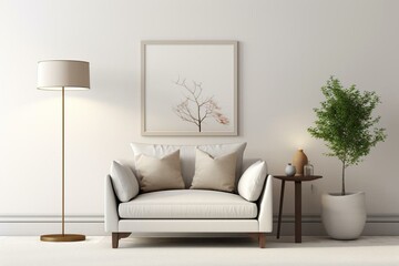Welcoming contemporary living room with a comfortable sofa, armchair, and lamp against a white wall backdrop. Generative AI