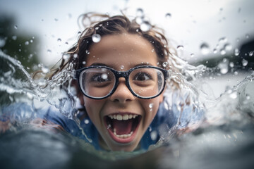 A young girl wearing glasses splashes water on her face, her excitement captured in a closeup shot. - obrazy, fototapety, plakaty