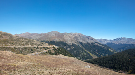 View of Independence Pass from mountain top rest stop outside of Aspen Colorado United States