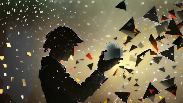 Silhouette of a boy holding a single snowflake is depicted against a dark background, surrounded by rising colorful fragments.
