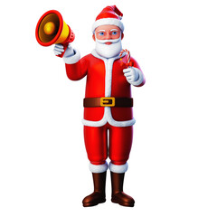 3D character of santa claus giving christmas candy using loudspeaker , Merry Christmas and Happy New Year, 3d illustration and rendering