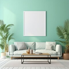  A Modern Living Room wall poster mockup  with a Green Couch, Coffee Table, and Plants, Template displays images