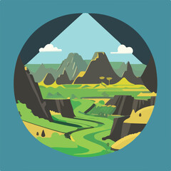Fototapeta na wymiar Hill landscape with Vector illustration background. Beautiful landscape vector illustration of mountains, forests, fields and meadows.