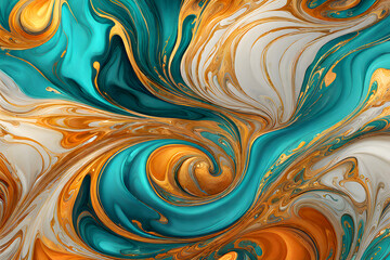 Fototapeta na wymiar Luxurious marbling abstract background with waves, vibrant geometric patterns, artistic and contemporary on a minimalist background with blue, paint swirls in beautiful teal and orange colors HD