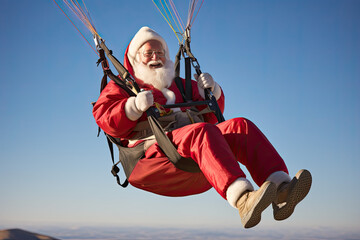 Fantasy art of Santa Claus skydiving, bungee jumping, parachute, paragliding, extreme sport, fly with gifts flying Father Christmas, Saint Nicholas, Saint Nick, Kris Kringle, fun adventure