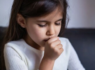 Ill little girl with a flu coughing at home