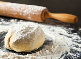 Fototapeta na wymiar Rolling pin with bun and flour on table. Baking bread at home.