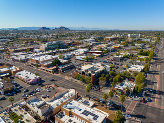 Fototapeta na wymiar Scottsdale city center aerial view on Scottsdale Road at Indian School Road at the background in city of Scottsdale, Arizona AZ, USA. 