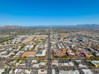 Scottsdale city center aerial view on Scottsdale Road at Main Street with Arizona Canal and...