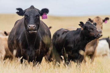angus, wagyu and murray grey cattle in a paddock on a farm with long dry summer grass on a farm in...