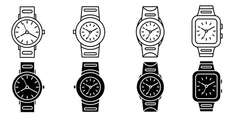 Wristwatch. Vector collection of watch icon illustrations. Black icon design.