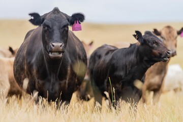 wagyu and angus cattle are Agricultural free range livestock on a farm. Cows grazing on free range green pasture and native grasses. Fat cow in a field on a farm in Australia