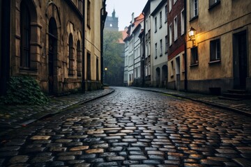 A cobblestone road in a medieval city, full of charm
