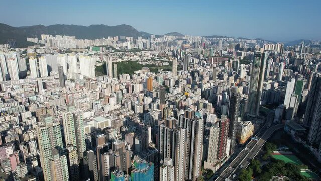 Drone aerial shot Skyview in Tai Kok Tsui Mei Foo Tsim Sha Tsui Cheung Sha Wan Mong Kok Lai Chi Kok Yau Ma Tei West Kowloon Hong Kong , a commercial hub 