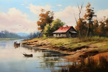 Traditional painting of rustic riverside home. Generative AI