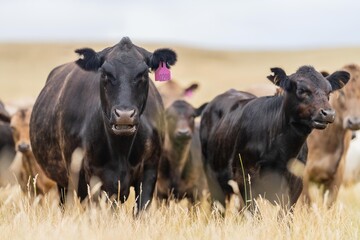 Close up of Stud Beef bulls and cows grazing on grass in a field, in Australia. eating hay and silage. breeds include murray grey, angus, brangus and wagyu.