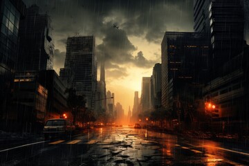 Stormy sky background over a cityscape with rain-soaked streets - obrazy, fototapety, plakaty
