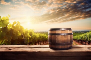 Sunny vineyard sky background with a rustic wine barrel