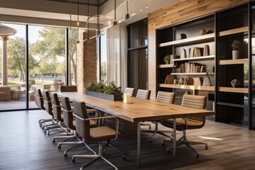 Warm and inviting conference room with wood accents and natural light