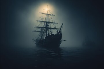 A pirate ship navigating through a dense fog, shrouded in mystery as they traverse perilous waters - obrazy, fototapety, plakaty
