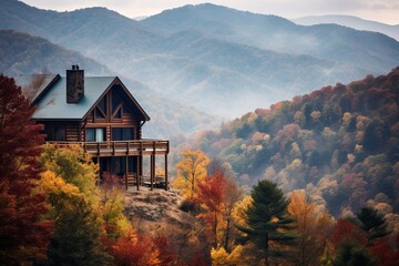A picturesque shot of a cabin nestled in a valley, surrounded by rolling hills adorned with fall...