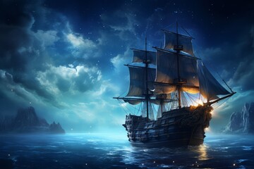 A pirate's ship sailing beneath a star studded night sky, capturing the serenity and vastness of the open sea