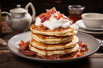 A plate of fluffy pancakes topped with bacon and whipped cream