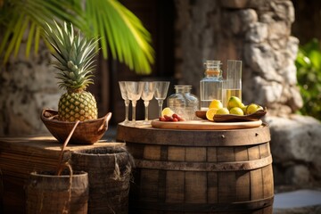 Fototapeta na wymiar A rustic outdoor setting with a wooden barrel and glasses of rum punch, evoking the charm of traditional libations