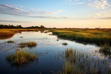 A serene image of a wetland reflecting the surrounding landscape, highlighting the need to protect and monitor these crucial water rich habitats