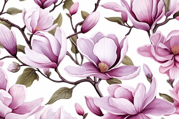 Watercolor floral pattern with blooming magnolia. Seamless background for print and wrapping paper. Generative AI
