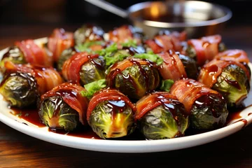 Fototapeten Bacon wrapped brussels sprouts with a balsamic glaze © KerXing