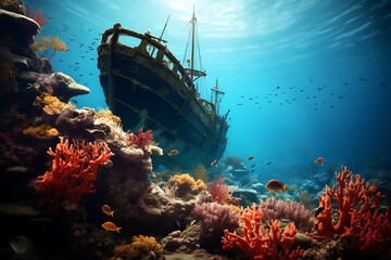 coral reef and fishes in the sea