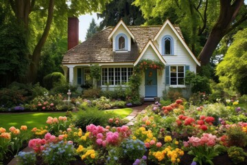 Fototapeta na wymiar Charming cottage surrounded by a colorful and well-tended garden