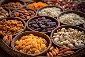 Colorful assortment of nuts and dried fruits displayed in rustic wooden bowls