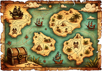 Pirate map drawn on an old, burned, yellowish paper, isolated on transparent background