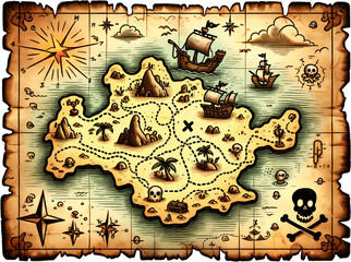 Whimsical pirate map drawn on an old, burned, yellowish paper, isolated on transparent background