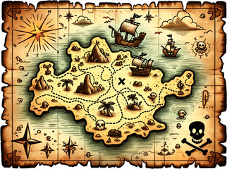 Naklejka premium Whimsical pirate map drawn on an old, burned, yellowish paper, isolated on transparent background