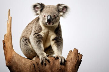 Fototapeta premium Koala perched on a tree branch on a white background. Animal front portrait.